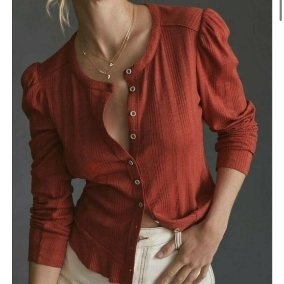 Pilcro Tops - Pilcro Anthropologie Rust Red Button Up Ribbed Puff Sleeve Cardigan Top Sz S